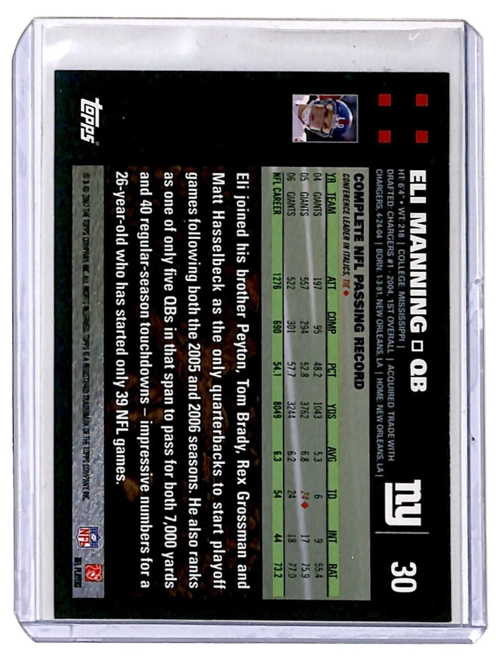 2007 Topps Eli Manning New York Giants #30 - Image 2 of 2