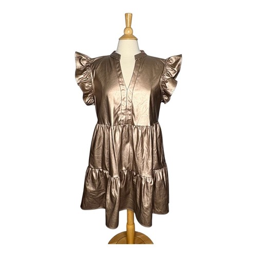 Entro Tiered Faux Leather Mini Dress Ruffle Sleeve Party Gold Size Large - Picture 4 of 12