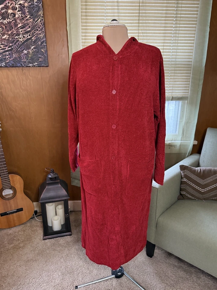 Cardigã Denim & Co Botão Frontal Suéter Espanador com Capuz - Vermelho (Tamanho 1X) - Imagem 2 de 4