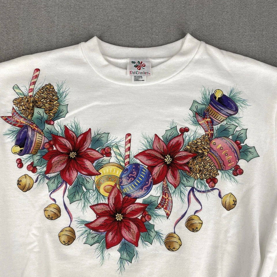 Vintage 90s NutCracker Christmas Women M Crewneck Sweatshirt Poinsettia Ornament - Image 3 of 4