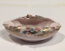 Vintage Lefton China Hand Painted Ladies Pink Ashtray Flowers. Bow. Gold Trim