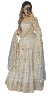 HANDMADE WHITE SEQUENCE LONG CHOLI LEHENGA DESIGNER WEDDING SKIRT STITCHED KURTI LENGHA