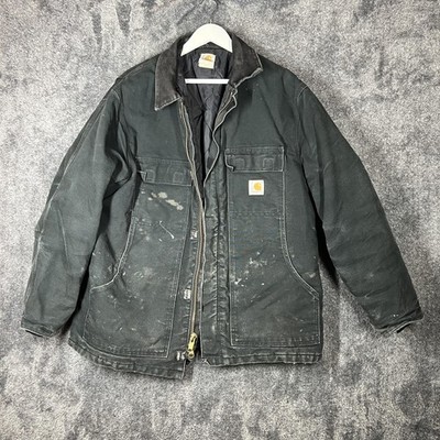 Carhartt Coat Mens 46 Regular Black Duck Canvas Quilted Lined Workwear C05 BLK