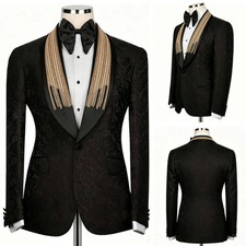 Jacquard Men Applique Suit Floral Golden Satin Shawl Lapel Jacket Wedding