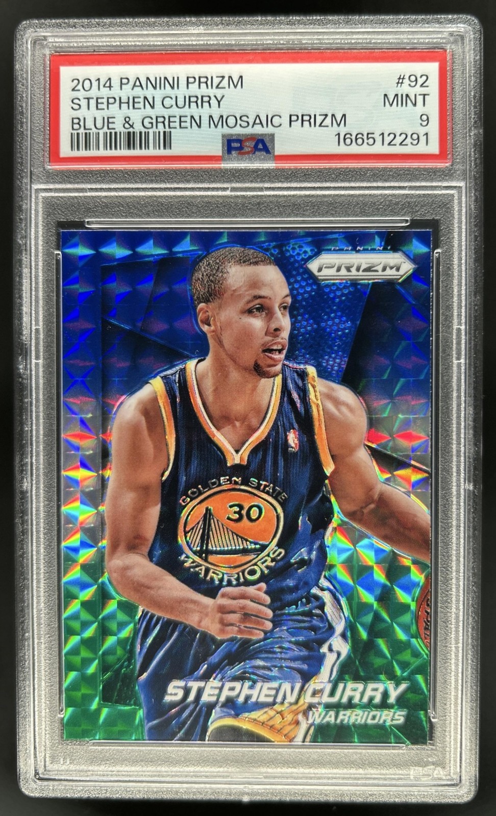 2014-15 Panini Prizm Stephen Curry Prizm Blue and Green Mosaic #92 PSA 9