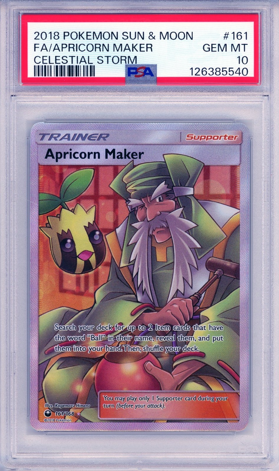 2018 POKEMON SUN & MOON #161 FA APRICORN MAKER GEM MT PSA 10 CELESTIAL STORM