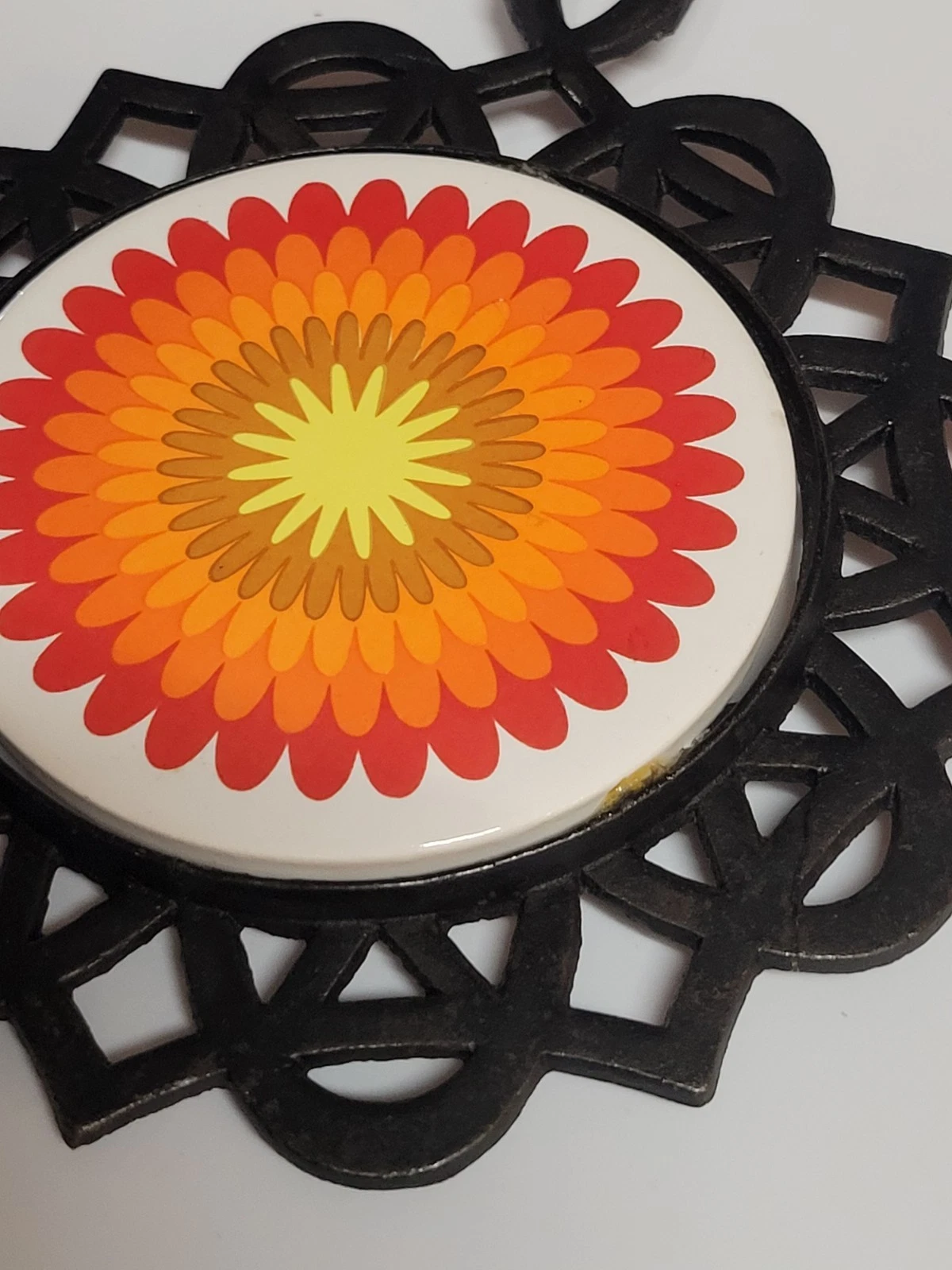 vintage 1970s psychedelic floral cast iron trivet and hot pad - product detail image 6
