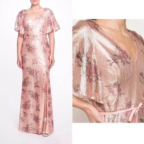 Marchesa Notte Lucca Floral Sequin Gown 10 Blush Bridesmaid Flutter Sleeve