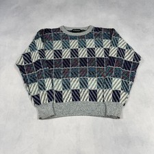 Vintage Abstract Knitted Jumper Patterned Grandad Knit Sweater Men's M