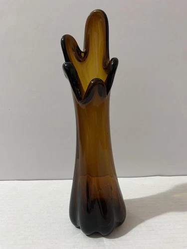 Vintage MCM Dark Amber Glass 5 Finger Swung Vase Murano Retro