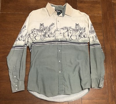 Vintage Roper Men s Size M Pearl Snap Wolves Wrap Around Button Up Shirt 