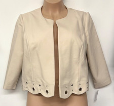 NWT Roz Ali Women's Scalloped Grommet Hem Blazer Jacket Collarless Cream Sz XL