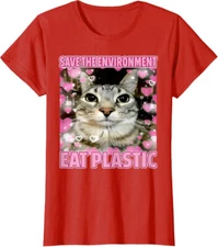 Save The Environment Eat Plastic Cat Cute Silly Kitty Ladies' Crewneck T-Shirt