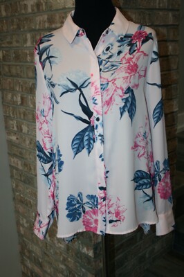 CeCe Womens Pink Floral Long Sleeve Sheer Blouse SZ S