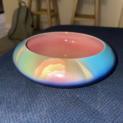 Vintage Judith Stiles Handcrafted Pottery Art Bowl 7  Signed Blue Pink Peach