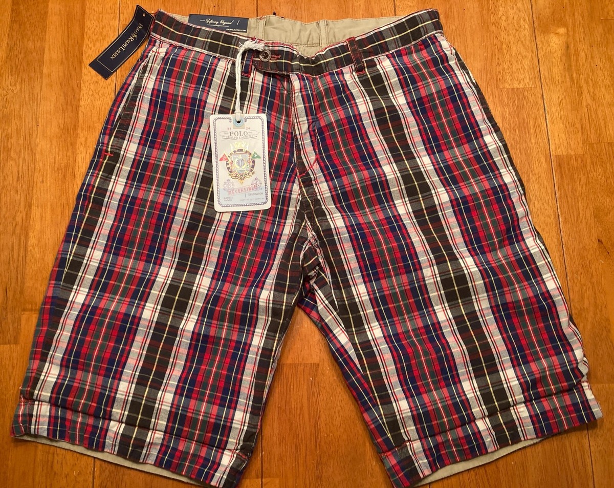 Men's POLO RALPH LAUREN Colors Plaid / Khaki REVERSIBLE Shorts 30