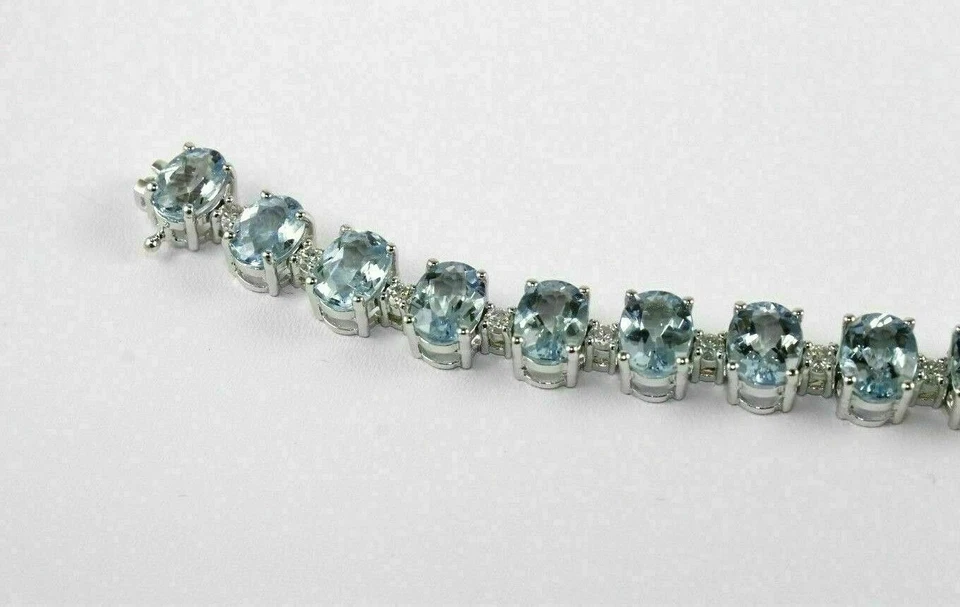 12.30Ct Oval Cut Simulated Blue Aquamarine 925 SIlver White Gold Plated Bracelet - Image 4 of 4