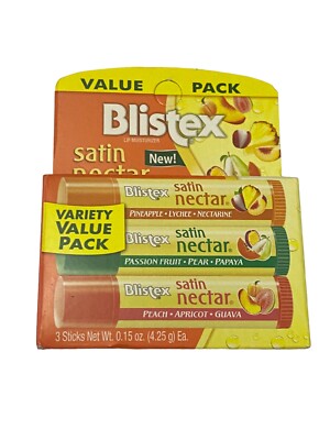 Blistex Satin Nectar Lip Moisturizer Variety 3 Pk Fruit Flavors Vitamin E .15 Oz