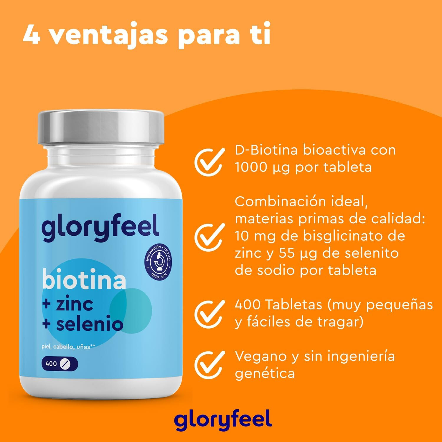 Glory Feel Biotina+Zinc+Selenio 400 pastillas veganas, Suministro para 400 dias