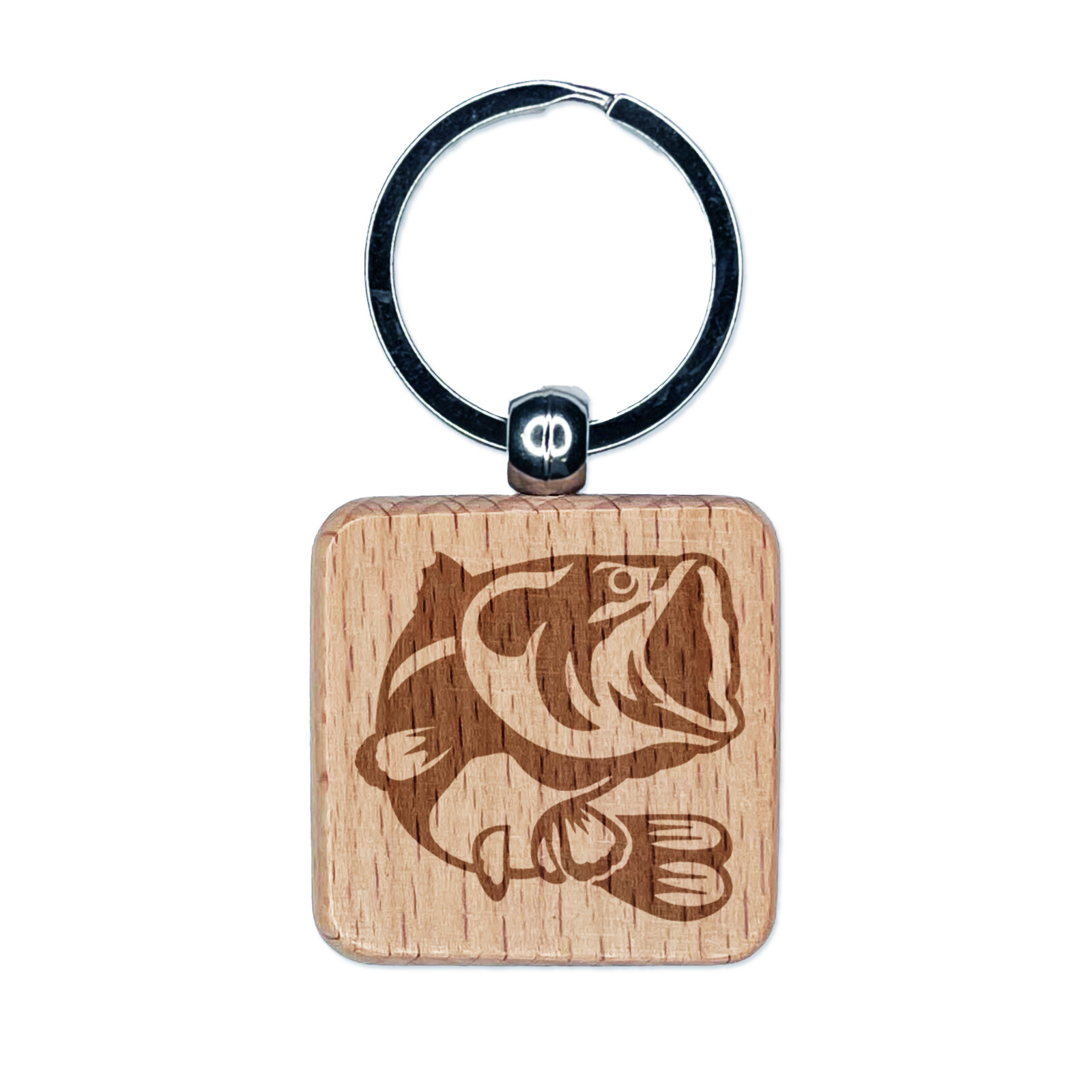Engraved Wooden Keychain with Jumping Largemouth Bass Design