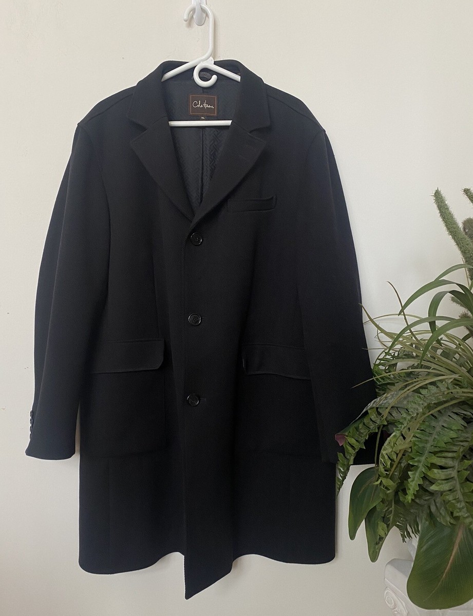 Cole Haan Men’s Black Wool Blend Long Trench Coat Size XL EUC! $398