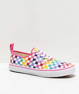 rainbow checkerboard vans slip on