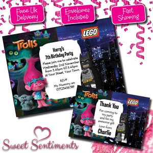 personalised lego batman trolls birthday party invitations thank