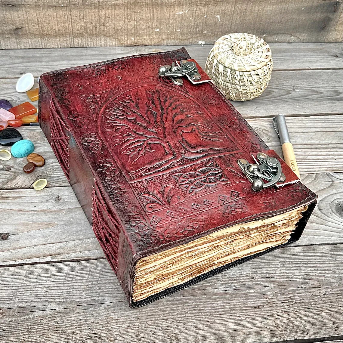 Extra large 600 Page Leather Journal Embossed Tree of Life Tree Black/Brown/Tan