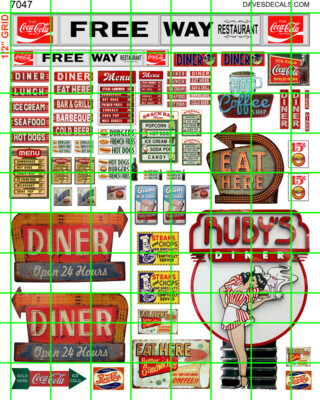 7047 DAVE'S DECALS ASST'D DINER RESTAURANT SET MENU HAMBURGER HOT DOG SODA 
