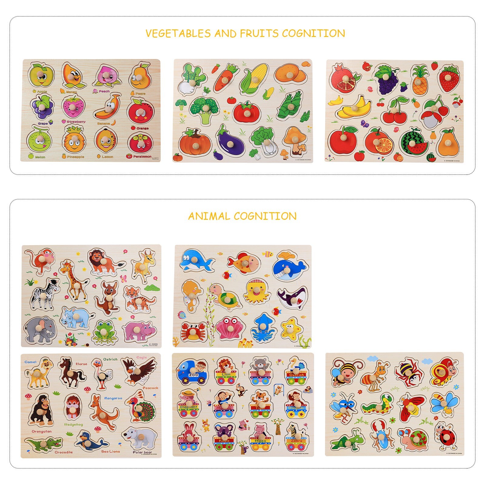 Kids Wooden Peg Puzzles Set With Alphabet Numbers Fruits Animals And Vehicles