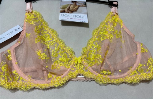 M&S BOUTIQUE FLORAL MESH & LACE UNDERWIRED HIGH APEX PLUNGE Bra YELLOW MIX 40B - Picture 4 of 9