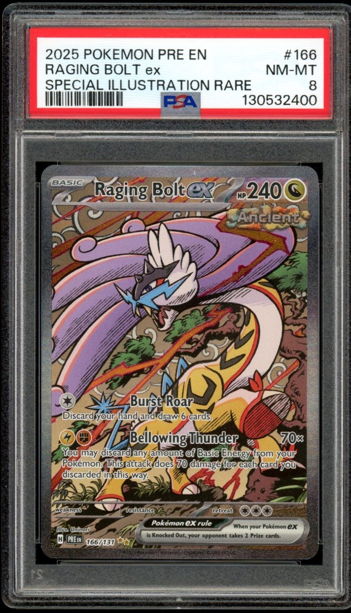 【SATOSHI】メンズレイボーテエクストラ 2025 Pokemon Prismatic Evolutions #166 Raging Bolt ex SIR PSA 8 NM