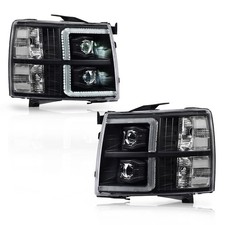 LED Tube Dual Projector Headlights w/Bulbs Pair Chevy Silverado 1500 07-13 Black