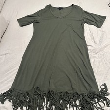 Karen Kane Ladies Size L Made In USA Stretchy Fringed Olive Green Dress