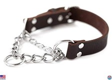 Mighty Paw Medium Brown Leather Martingale Dog Collar - No Pull, Steel Chain