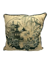 Vintage Long Stitch Needlepoint Pillow Chinoiserie Pagoda Complete Rectangle