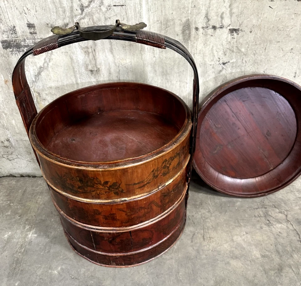 Vintage Asian Large Wedding Basket Chinese Wood Designs - 3 tiers - 24"H - Image 3 of 4