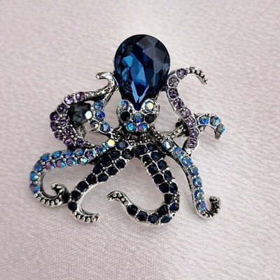 Oktopus Brosche Strass Vintage inspiriert Deko Stil blau marine Schmuck Geschenk