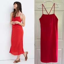 Madewell Silk Cross-Back Slip Midi Dress 2 Red Strappy Minimalist L1463