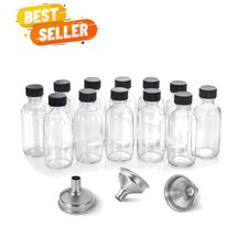 12 Pack, 2 oz Small Clear Glass Bottles w/Lid  3 Funnels - 60ml Boston Shot ...