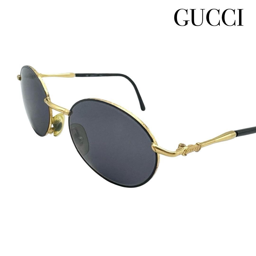 GUCCI QC2 Sunglasses Glasses Oval Frame Gold Black Engraved  MADE IN ITALY Mens