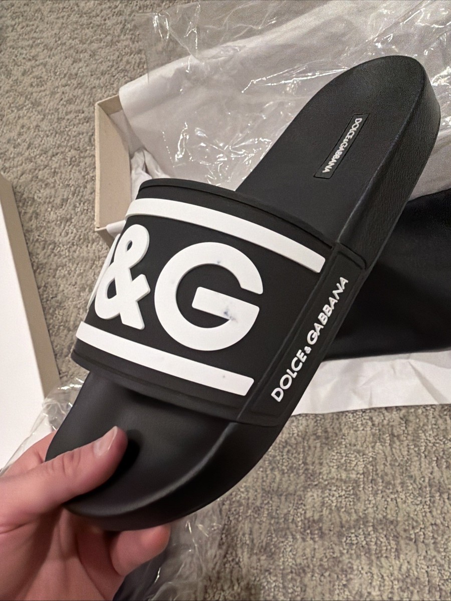 Dolce & Gabbana DG Logo Pool Slides Flat Sandals Slippers Black US