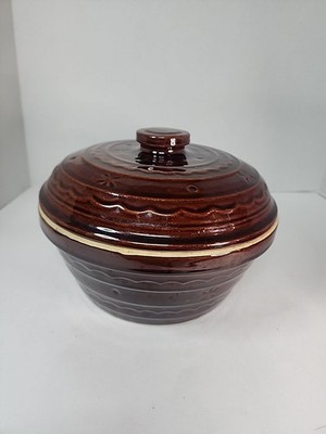 Vintage Marcrest Oven Proof Stoneware Daisy Dot Brown Dutch Oven Bean Pot W/Lid