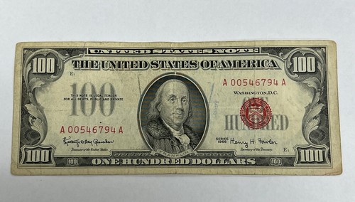 1966 One Hundred Dollar Bill $100 United States Note Bill Red Seal Circulated