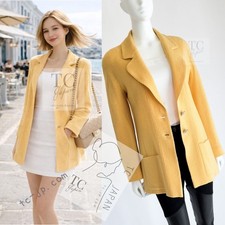 CHANEL 99C Vintage Soft Yellow CC Button Wool Tweed Jacket Karl Lagerfeld 38 40