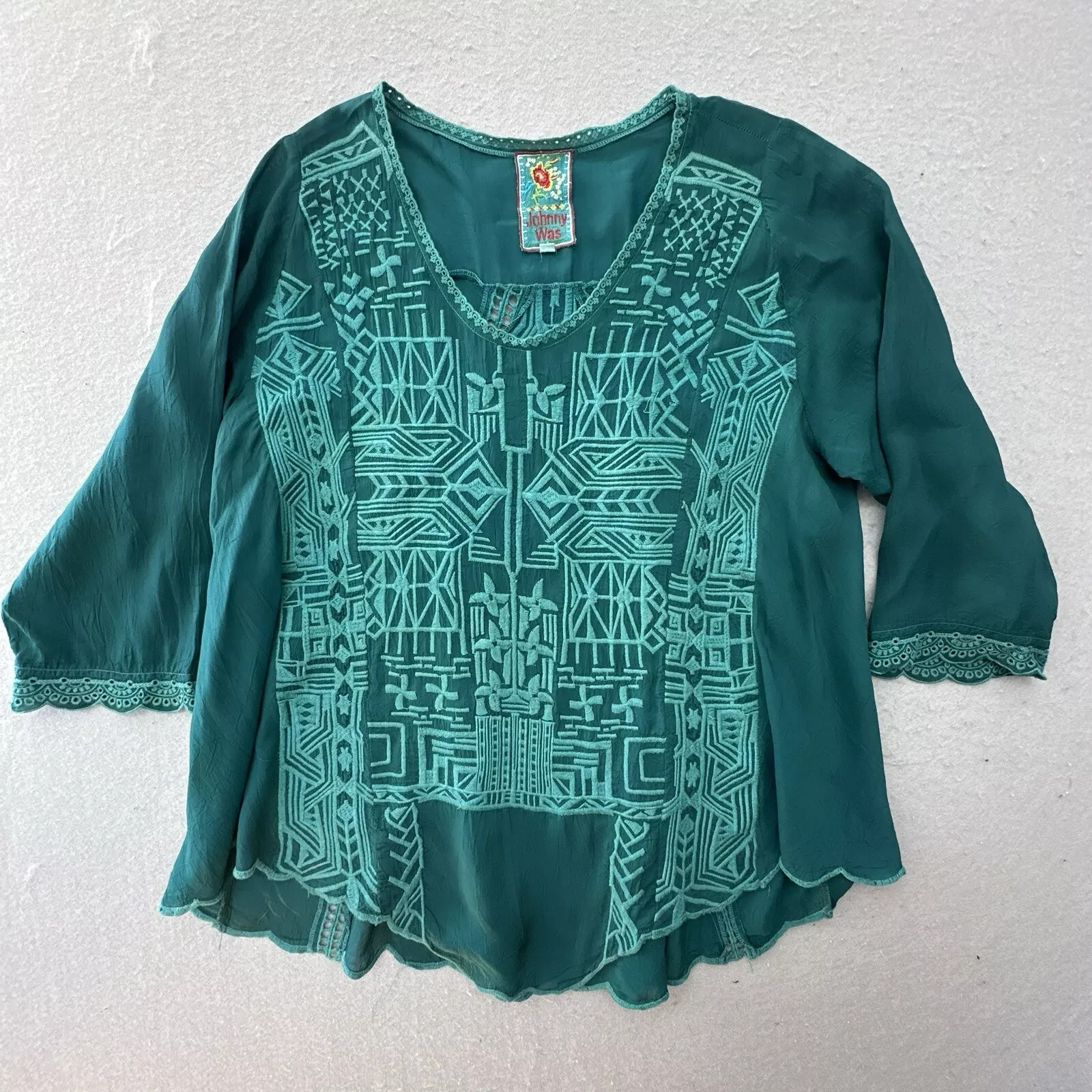 Johnny Was green embroidered tunic top L