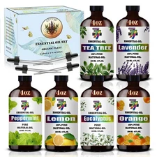 Essential Oil Set 6 Bottles 4oz Lavender Peppermint Lemon Eucalyptus Diffuser
