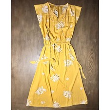 NEW LOFT Yellow Floral Print Tie Waist Midi Dress Size Medium BNWT