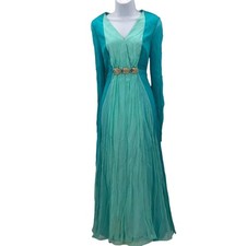 Vintage 1950s Chiffon maxi blue/green two tone Dress rhinestones Lined Small