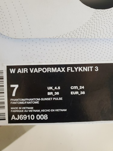 Nike Air Vapormax Flyknit 3 Sunset Max 90 95 97 98 270 One Plus AJ6910-008 Sz 7 - Picture 10 of 10